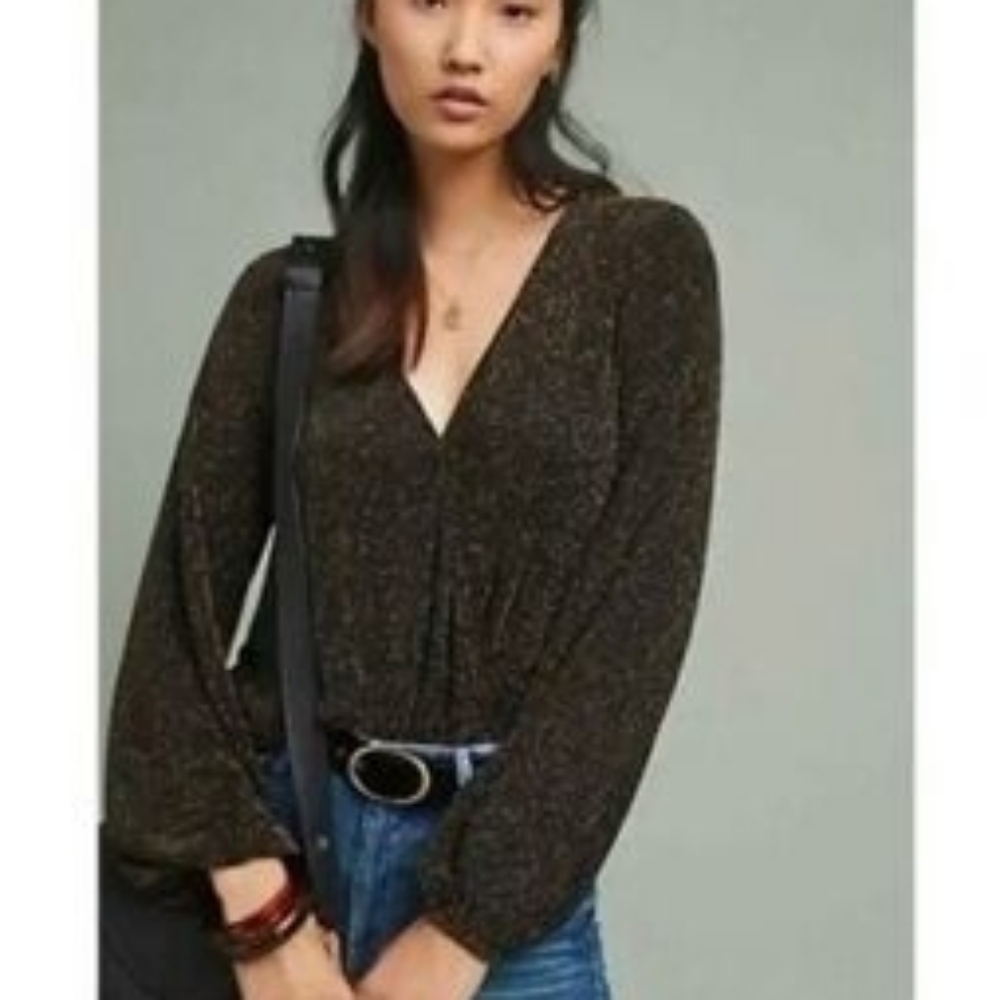 Elegant Black V-Neck Women's Top, Gold Shimmer, Size S, If By Sea Anthropologie